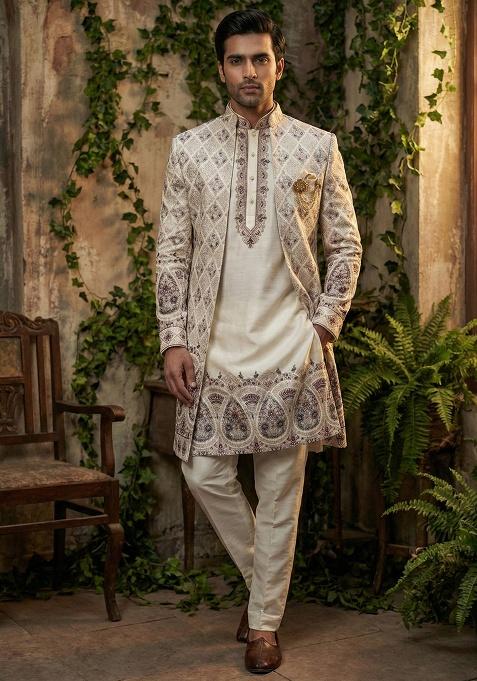 Beige Embroidery Silk Indo Western For Men