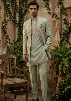 Green Embroidery Silk Indo Western For Men