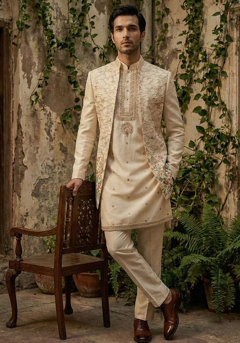 Beige Embroidery Silk Indo Western For Men