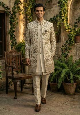 White Embroidery Silk Indo Western For Men