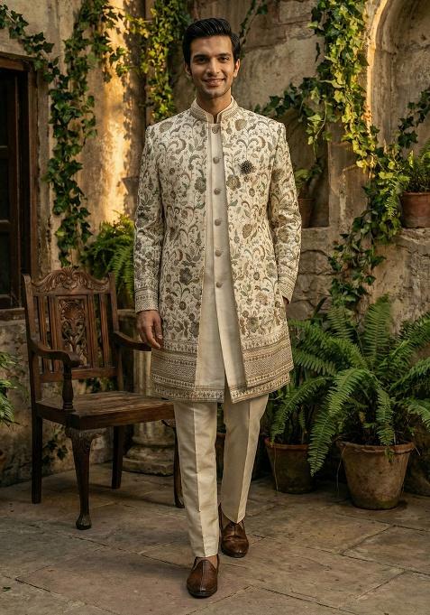 White Embroidery Silk Indo Western For Men