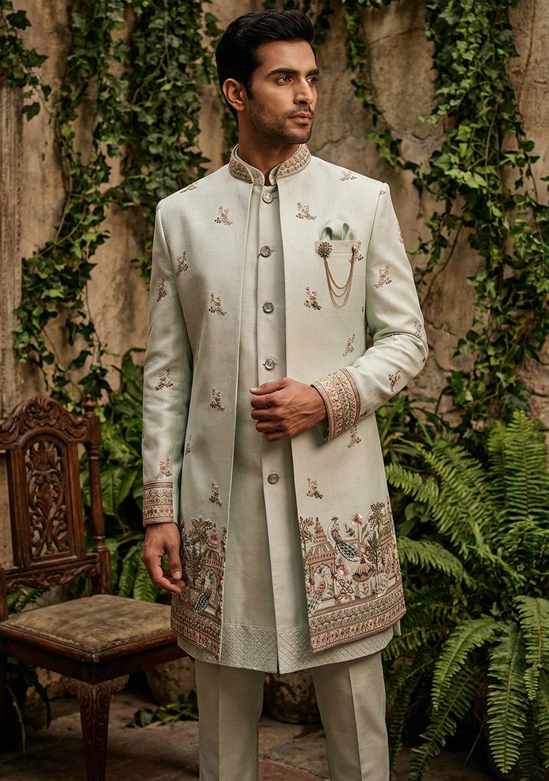 Green Embroidery Silk Indo Western For Men - Indya