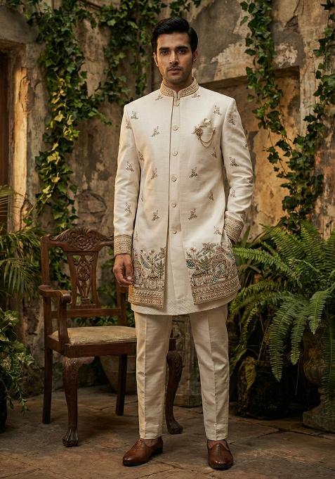 Beige Embroidery Silk Indo Western For Men