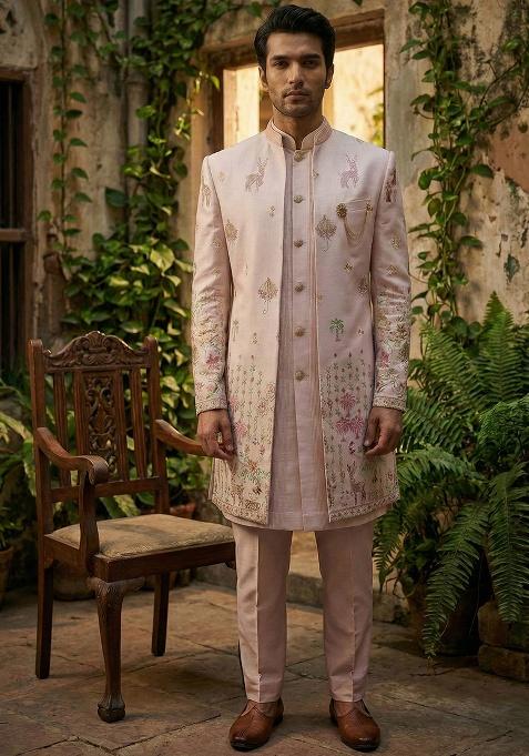 Pink Embroidery Silk Indo Western For Men