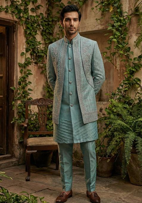 Blue Embroidery Silk Indo Western For Men