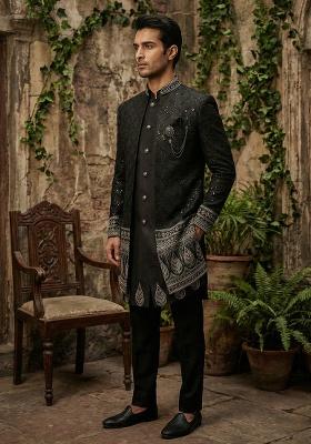 Black Embroidery Silk Indo Western For Men