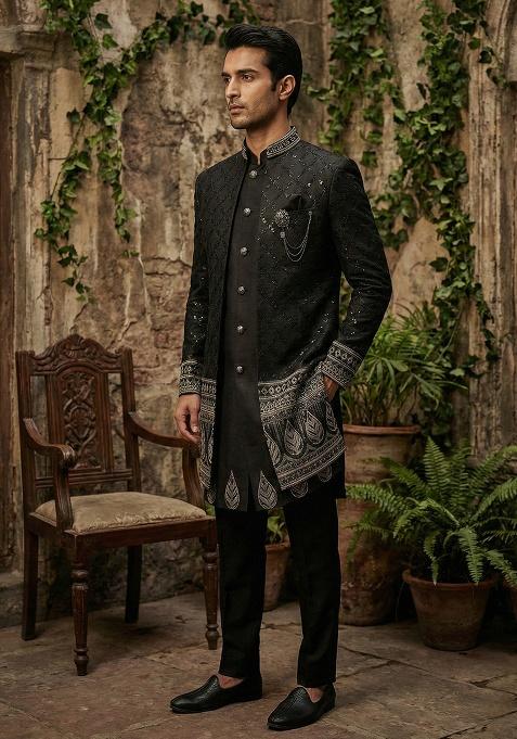 Black Embroidery Silk Indo Western For Men