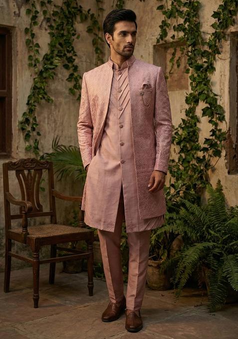 Pink Embroidery Silk Indo Western For Men