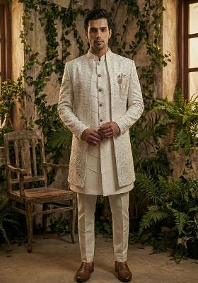 White Embroidery Silk Indo Western For Men