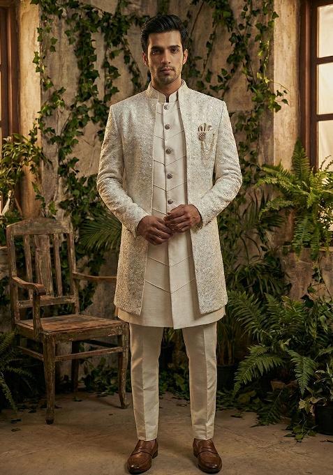 White Embroidery Silk Indo Western For Men