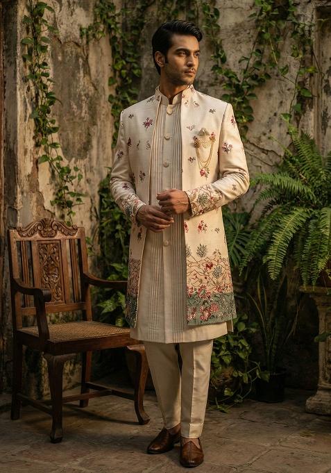 Pink Embroidery Silk Indo Western For Men