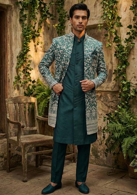 Teal Embroidery Silk Indo Western For Men