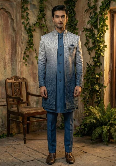 Blue Embroidery Silk Indo Western For Men