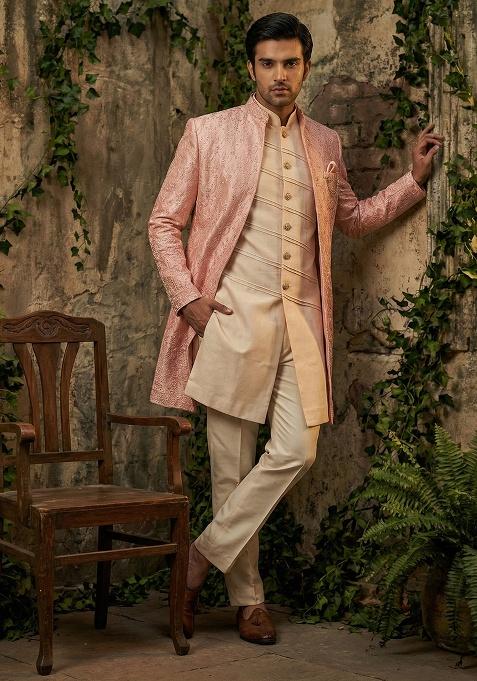 Pink Embroidery Silk Indo Western For Men