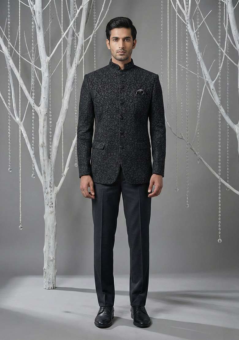 Black Embroidery Silk Bandhgala Suit - Indya