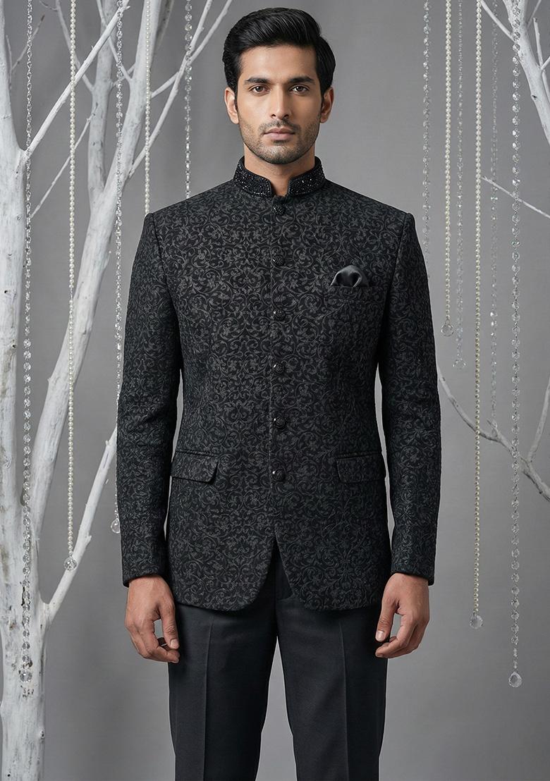 Black Embroidery Silk Bandhgala Suit - Indya