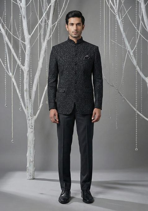 Black Embroidery Silk Bandhgala Suit