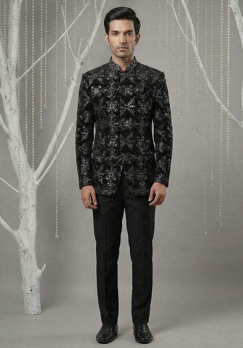Black Embroidery Velvet Bandhgala Suit