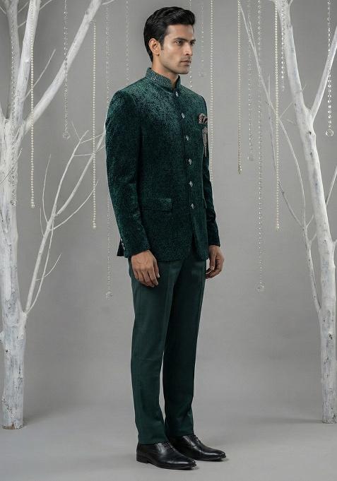 Green Embroidery Velvet Bandhgala Suit
