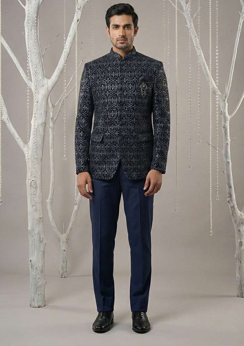 Blue Embroidery Velvet Bandhgala Suit - Indya