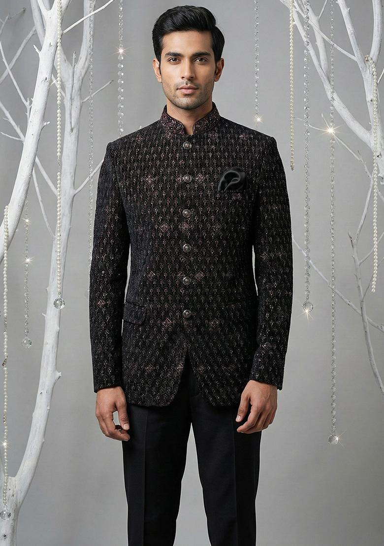Black Embroidery Velvet Bandhgala Suit - Indya