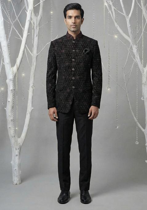 Black Embroidery Velvet Bandhgala Suit