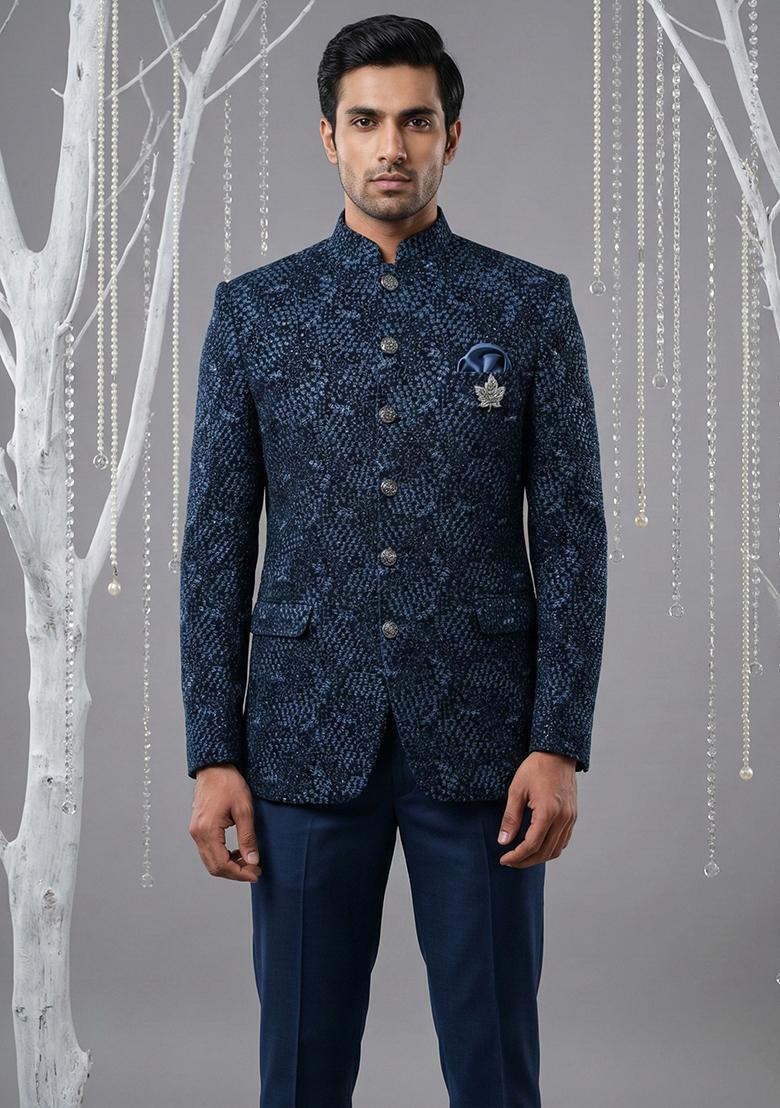Blue Embroidery Velvet Bandhgala Suit - Indya