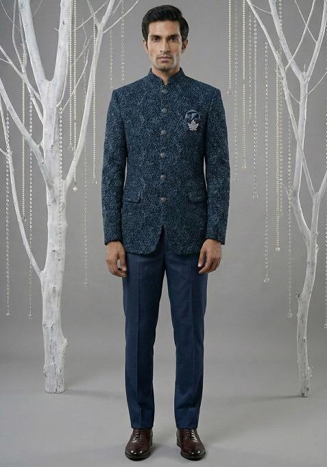 Blue Embroidery Velvet Bandhgala Suit