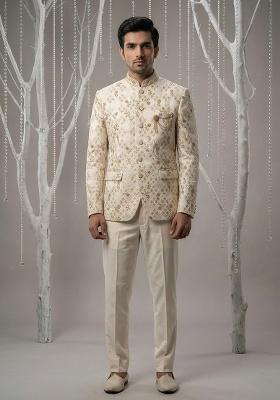 Beige Embroidery Silk Bandhgala Suit