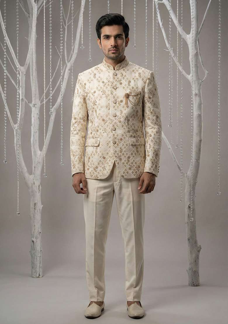 Beige Embroidery Silk Blend Bandhgala Suit - Indya