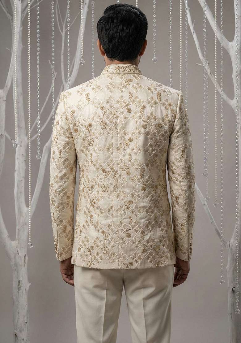 Beige Embroidery Silk Blend Bandhgala Suit - Indya