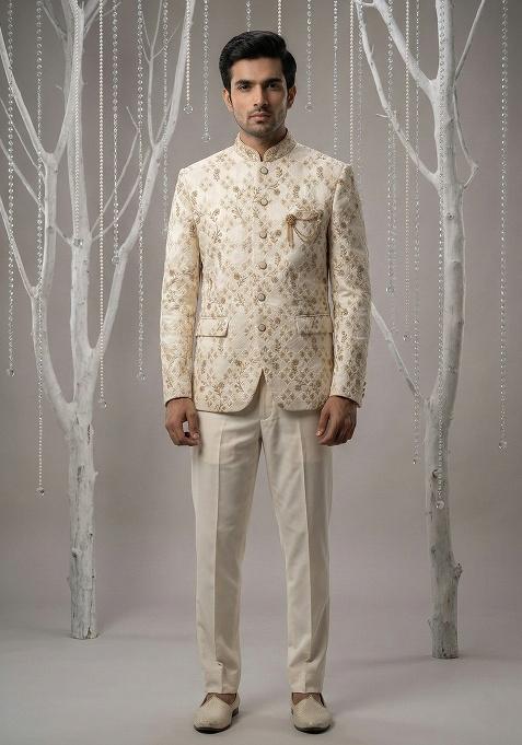 Beige Embroidery Silk Bandhgala Suit