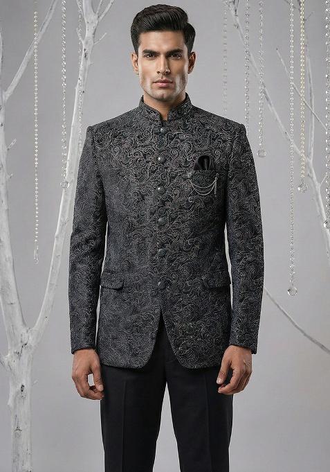 Black Embroidery Velvet Bandhgala Suit