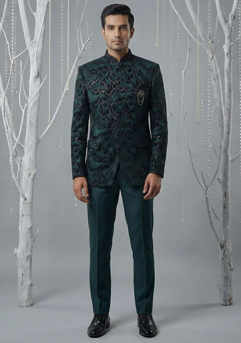 Black Embroidery Velvet Bandhgala Suit - Indya