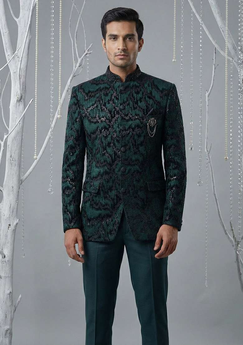 Black Embroidery Velvet Bandhgala Suit - Indya