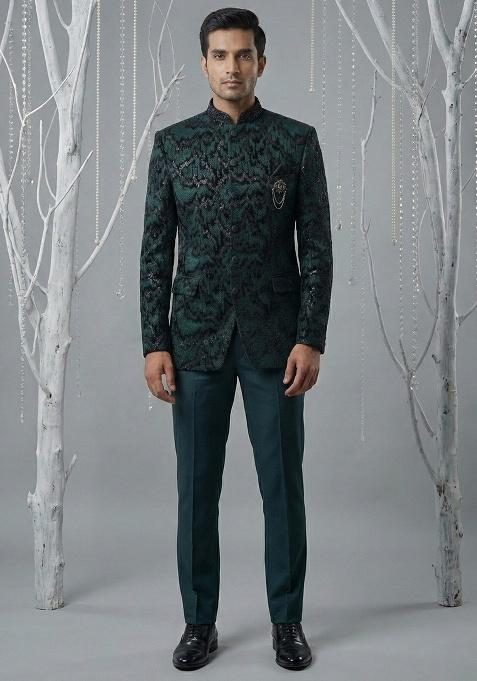 Black Embroidery Velvet Bandhgala Suit