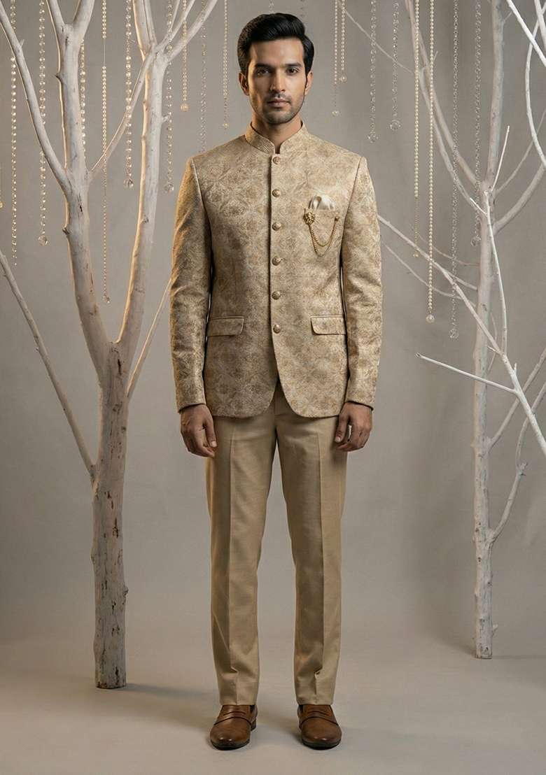 Brown Embroidery Silk Blend Bandhgala Suit - Indya