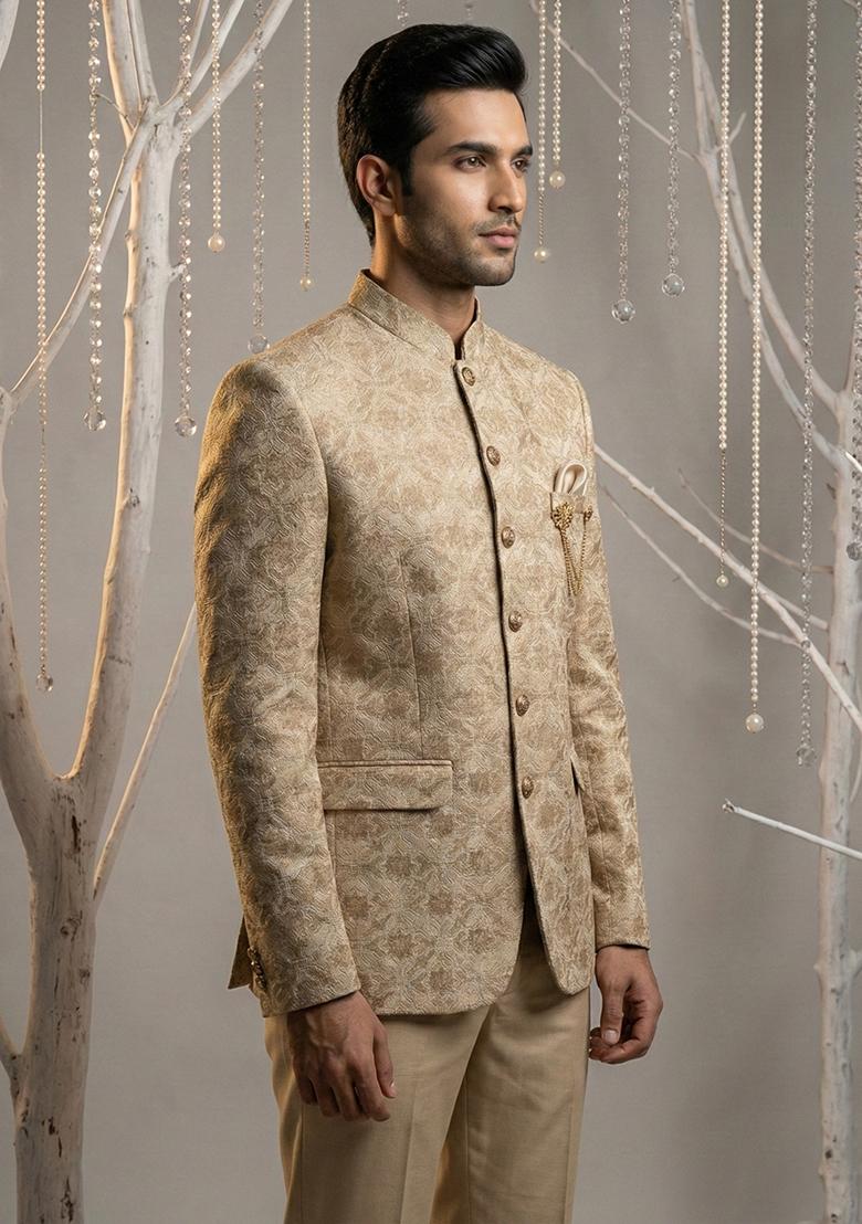 Brown Embroidery Silk Bandhgala Suit - Indya