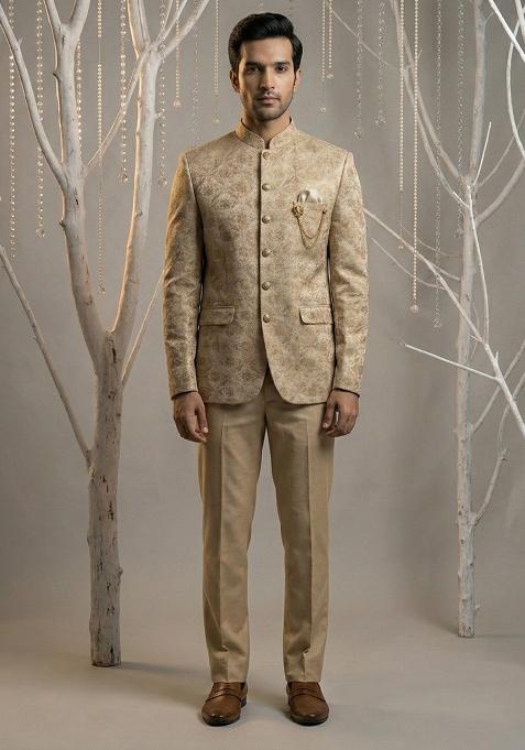 Brown Embroidery Silk Bandhgala Suit