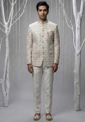 White Embroidery Silk Bandhgala Suit