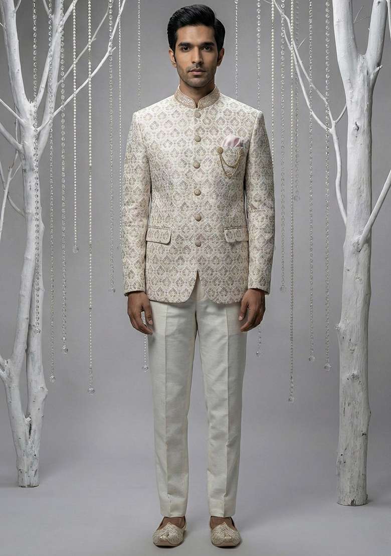 White Embroidery Silk Blend Bandhgala Suit - Indya