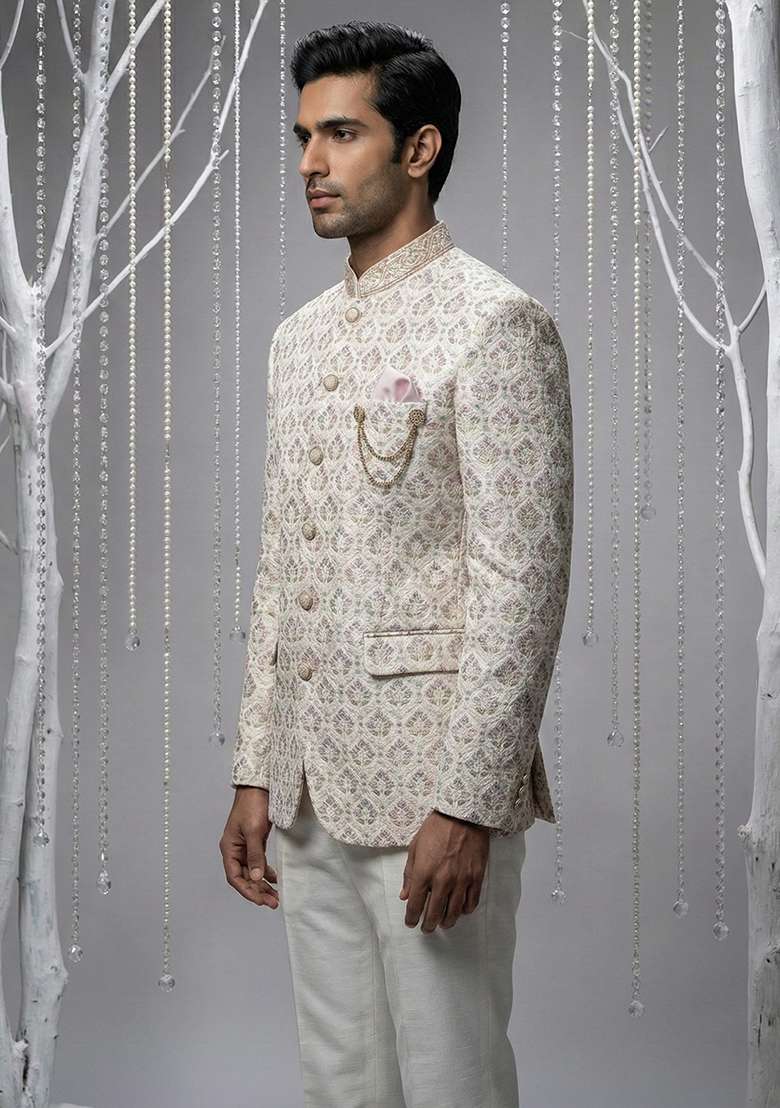 White Embroidery Silk Blend Bandhgala Suit - Indya