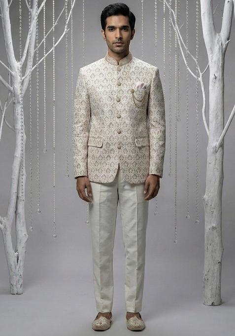 White Embroidery Silk Bandhgala Suit