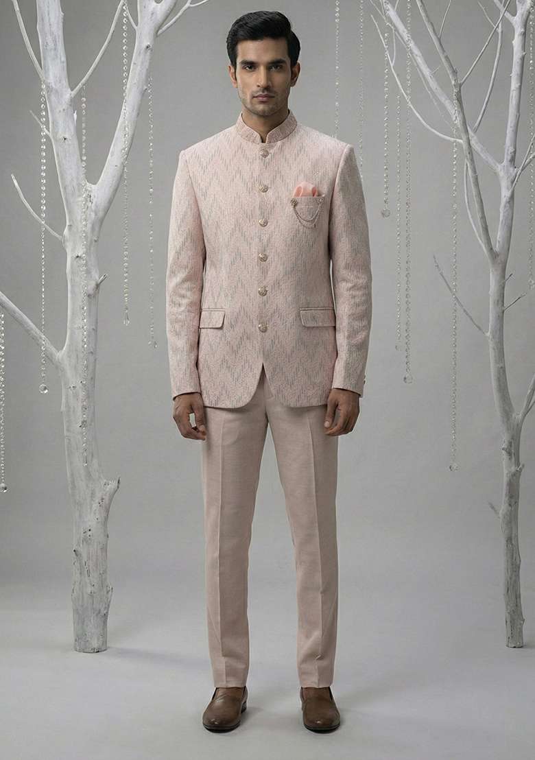 Pink Embroidery Velvet Bandhgala Suit - Indya