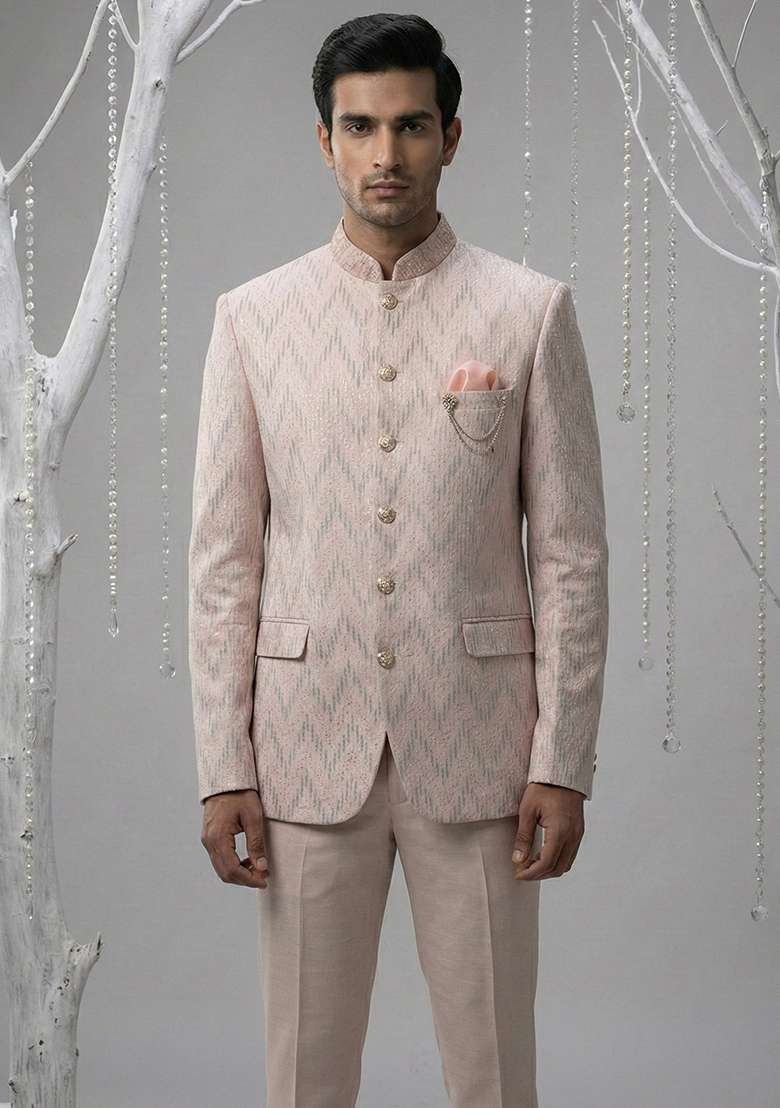 Pink Embroidery Velvet Bandhgala Suit - Indya