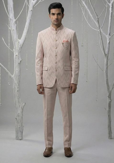 Pink Embroidery Velvet Bandhgala Suit