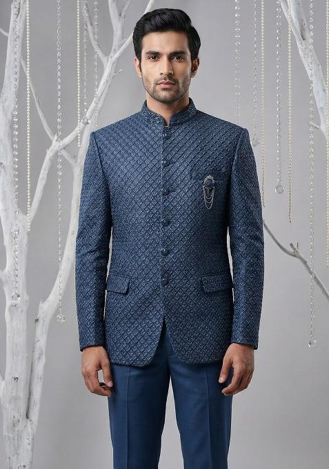 Blue Embroidery Silk Bandhgala Suit