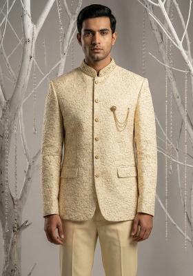 Fawn Embroidery Silk Bandhgala Suit