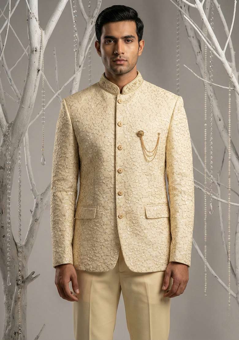 Fawn Embroidery Silk Blend Bandhgala Suit - Indya