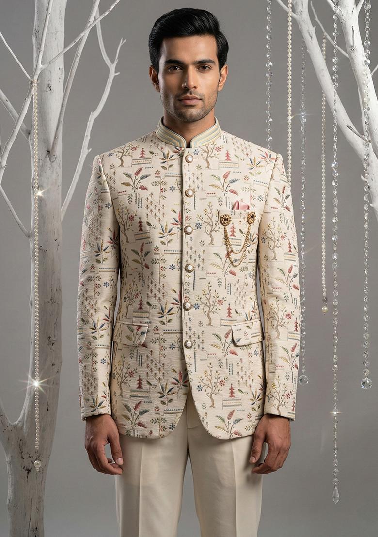 Pink Embroidery Silk Bandhgala Suit - Indya